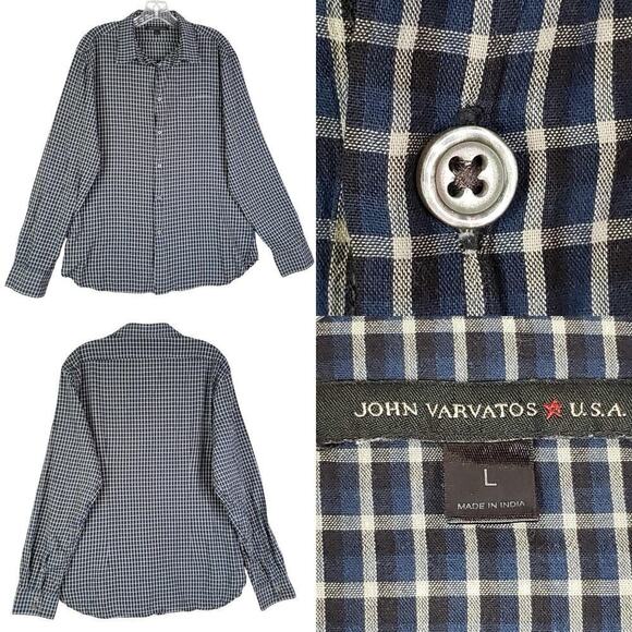 John Varvatos Shirt Long Sleeve Button Down Blue Plaid Men's Size Large L - Picture 1 of 11